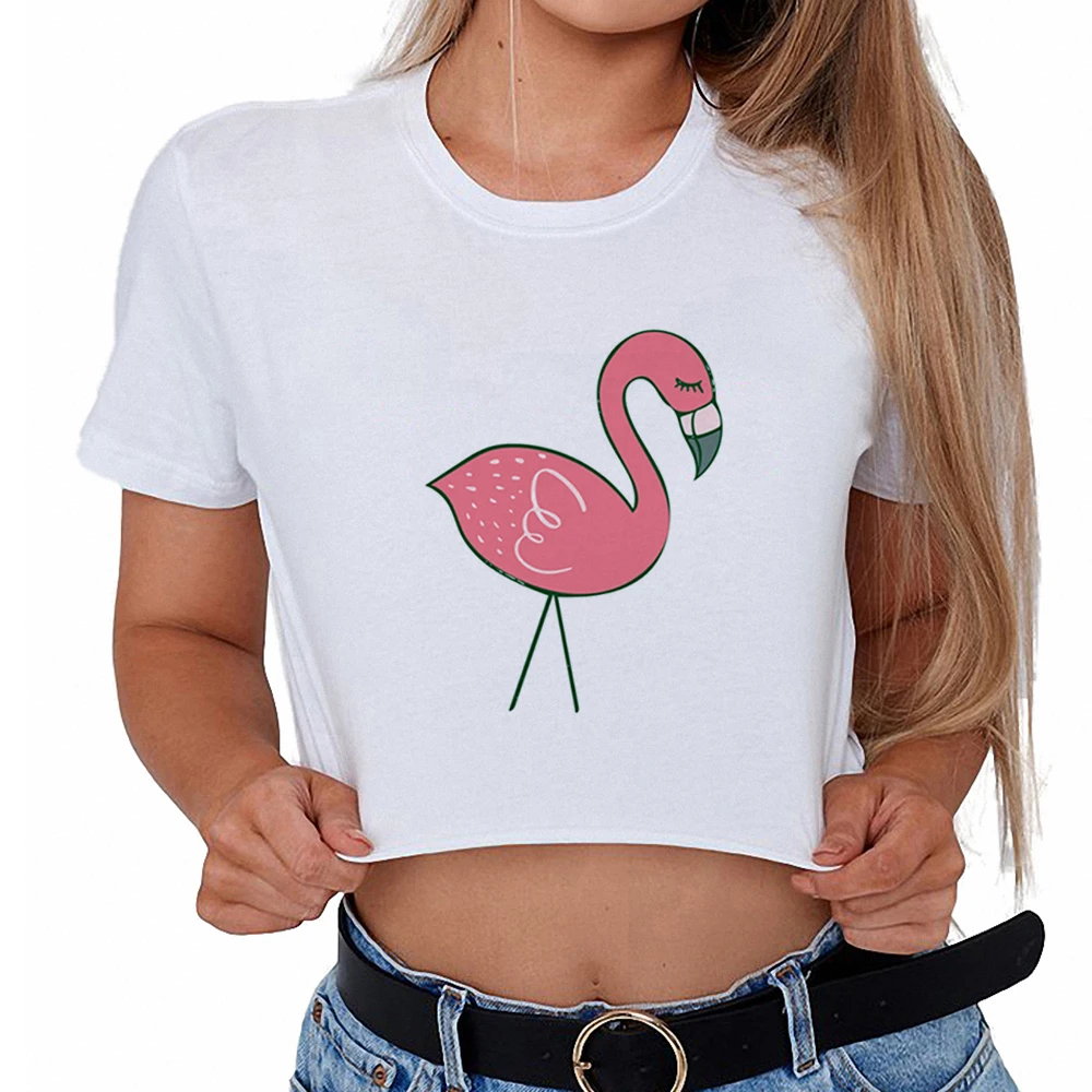 Лето 2018 г. аниме для женщин укороченный топ Фламинго Kawaii женские футболки