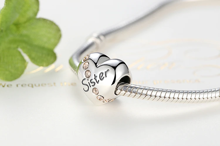 Настоящее 925 пробы, одноцветные серебряные бусины с надписью «Sister Love Heart», подходят для оригинальных WST, браслет на запястье, подлинные DIY ювелирные изделия, подарок