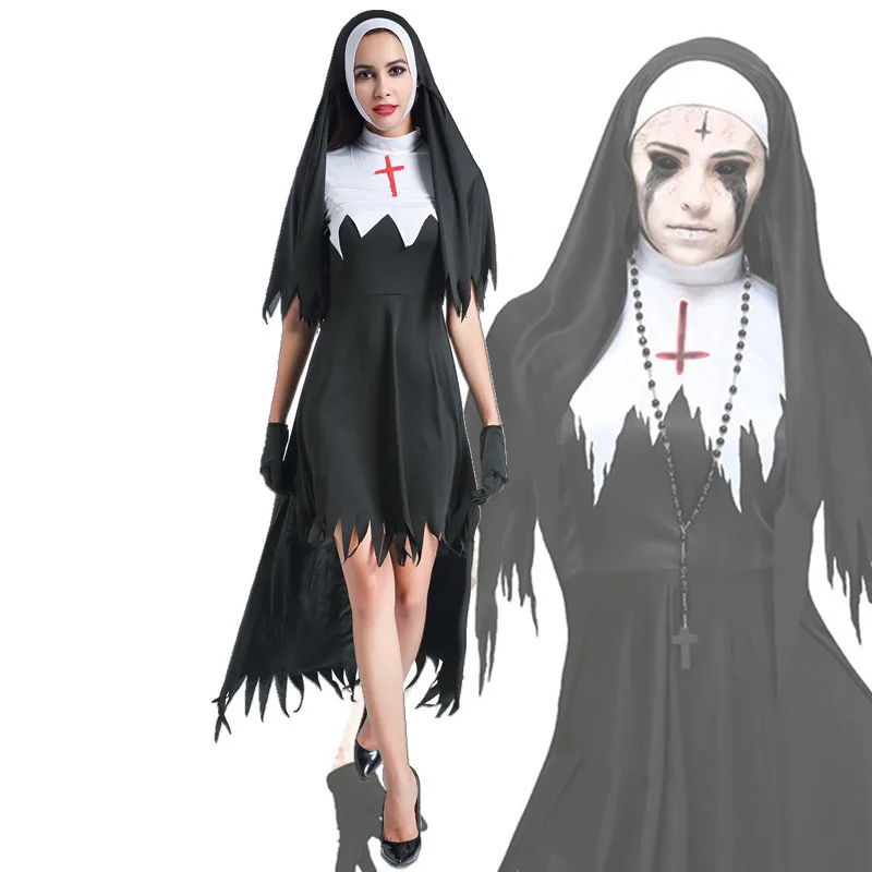 

Halloween Ghost Nun Scary Cosplay Costume Women Black Vampire Fantasy Dress Terror Sister Party Disguise Sets Female Fancy Adult