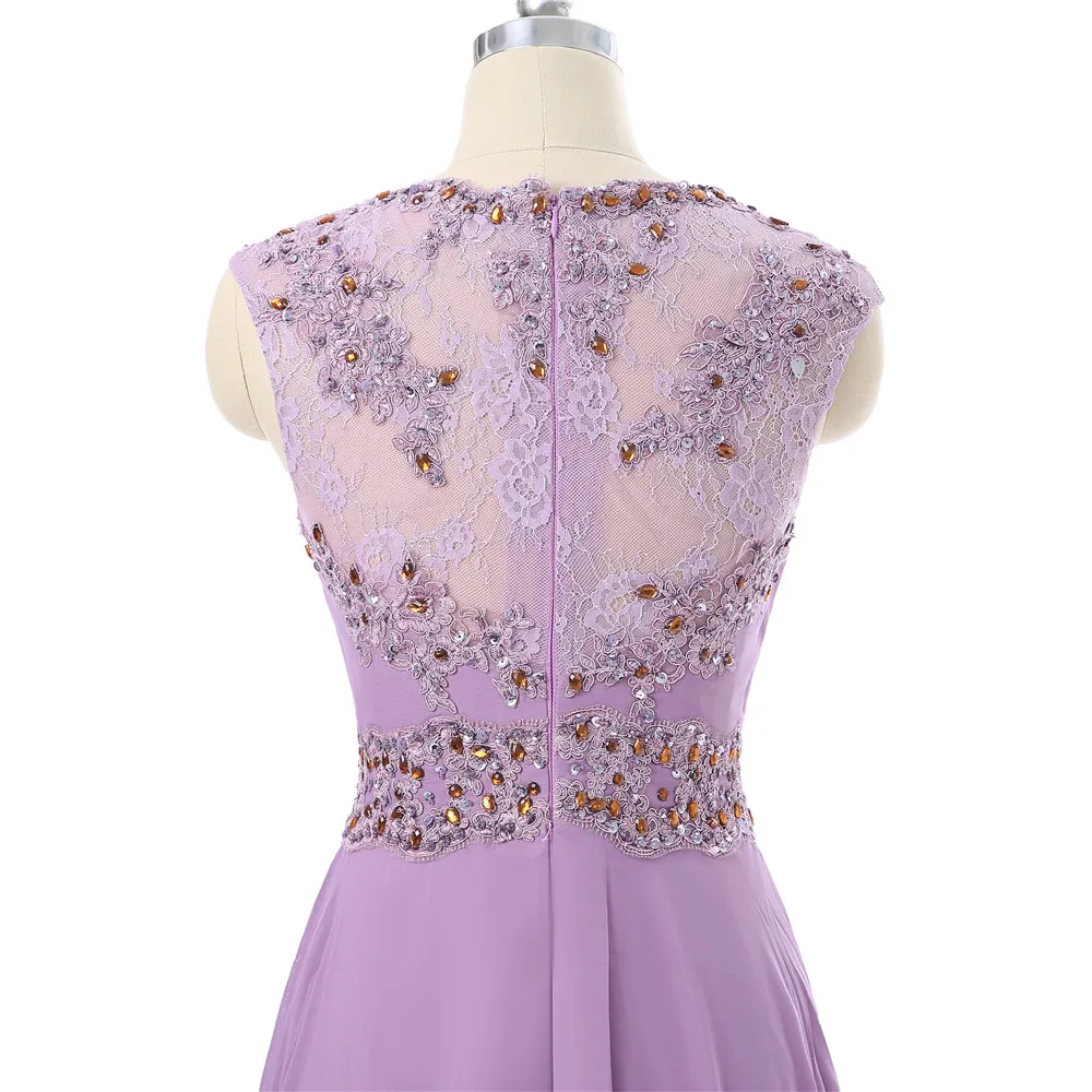 

Lilac Prom Dresses A-line Cap Sleeves Chiffon Lace Crysals See Through Women Long Prom Gown Evening Dresses Robe De Soiree
