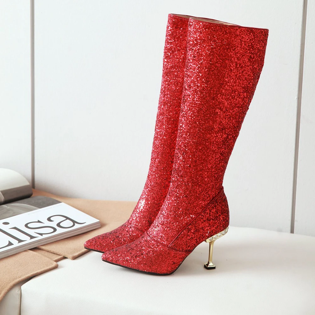 

Dilalula Hot Sale Sexy Women Mid Calf Sling Boots Red Pointed Toe Thin High Heels Winter Autumn Boots 32-43 Thick Fur Addable