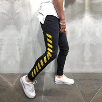 mens skinny black jeans yellow side stripes hip hop streetwear raw edge ripped skinny printed street lightweight cotton jeans