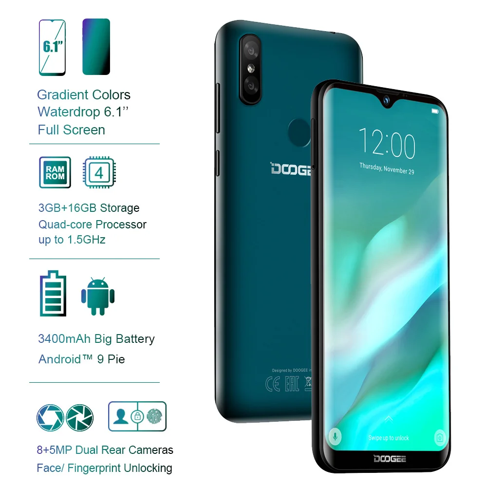 DOOGEE Y8 Android 9 0 MTK6739 четырехъядерный смартфон 6 1 дюймов FHD 19:9 8 Мп + 3 Гб 16 3400 мАч 4G LTE