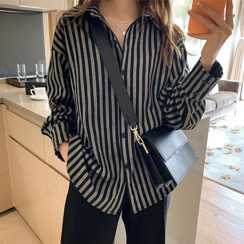 Женская туника в полоску топы с отложным воротником женские модные блузки для