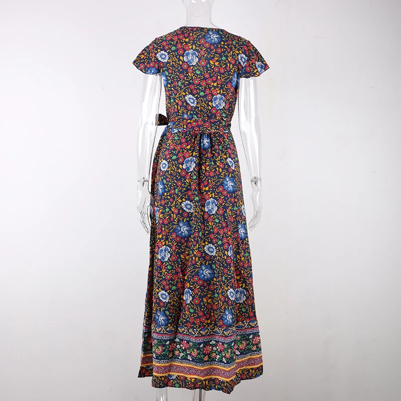 Nadafair Boho цветочное женское Макси платье с v-образным вырезом Сплит пляжное сексуальное длинное платье с поясом элегантные вечерние летние платья vestidos robe Femme