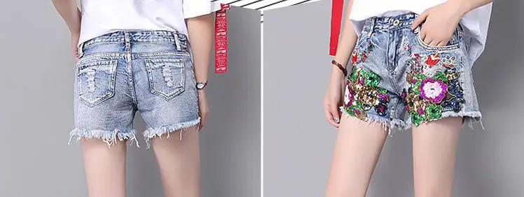 

Summer Fashion Designer Women Sequined Flower Ripped Hole Jeans Shorts , Casual Female Woman Glitter Tassel Denim Hot Shorts