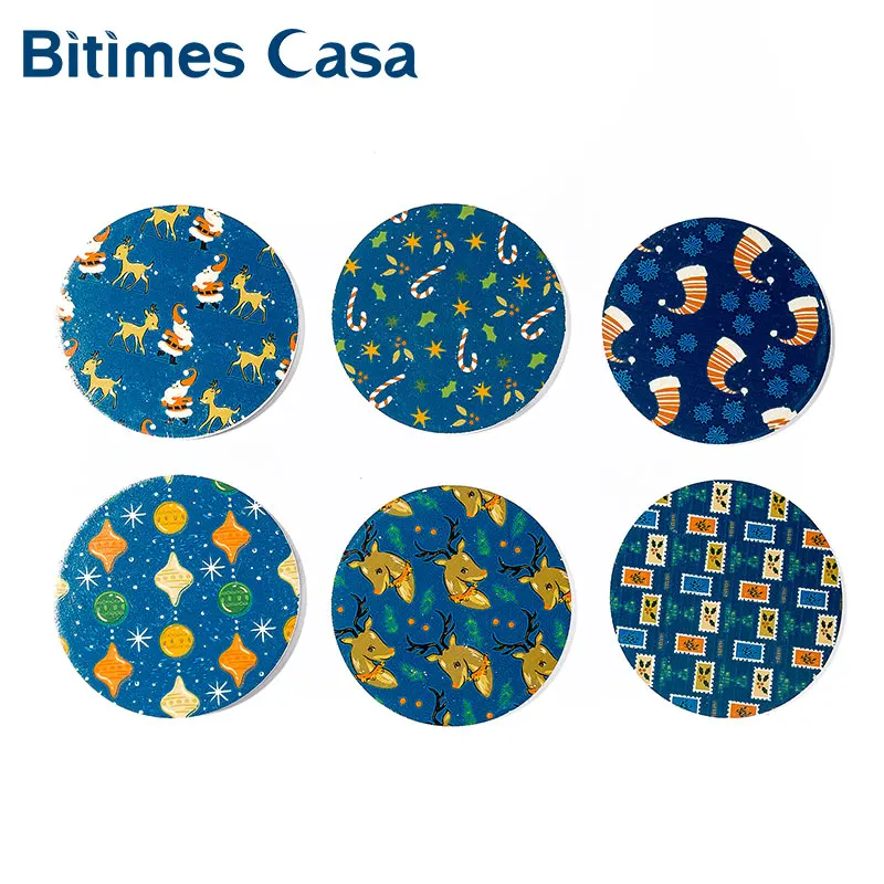 Printng веселый рождественский столик Coaster кофейная чашка дерево МДФ 6 шт набор