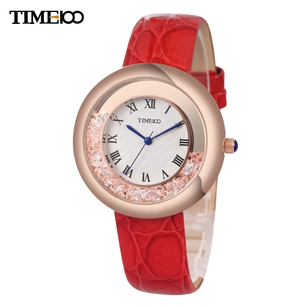 TIME100 Женские стрелочные часы трехочковый Алмазов Кварцевые Часы Красный Кожаный