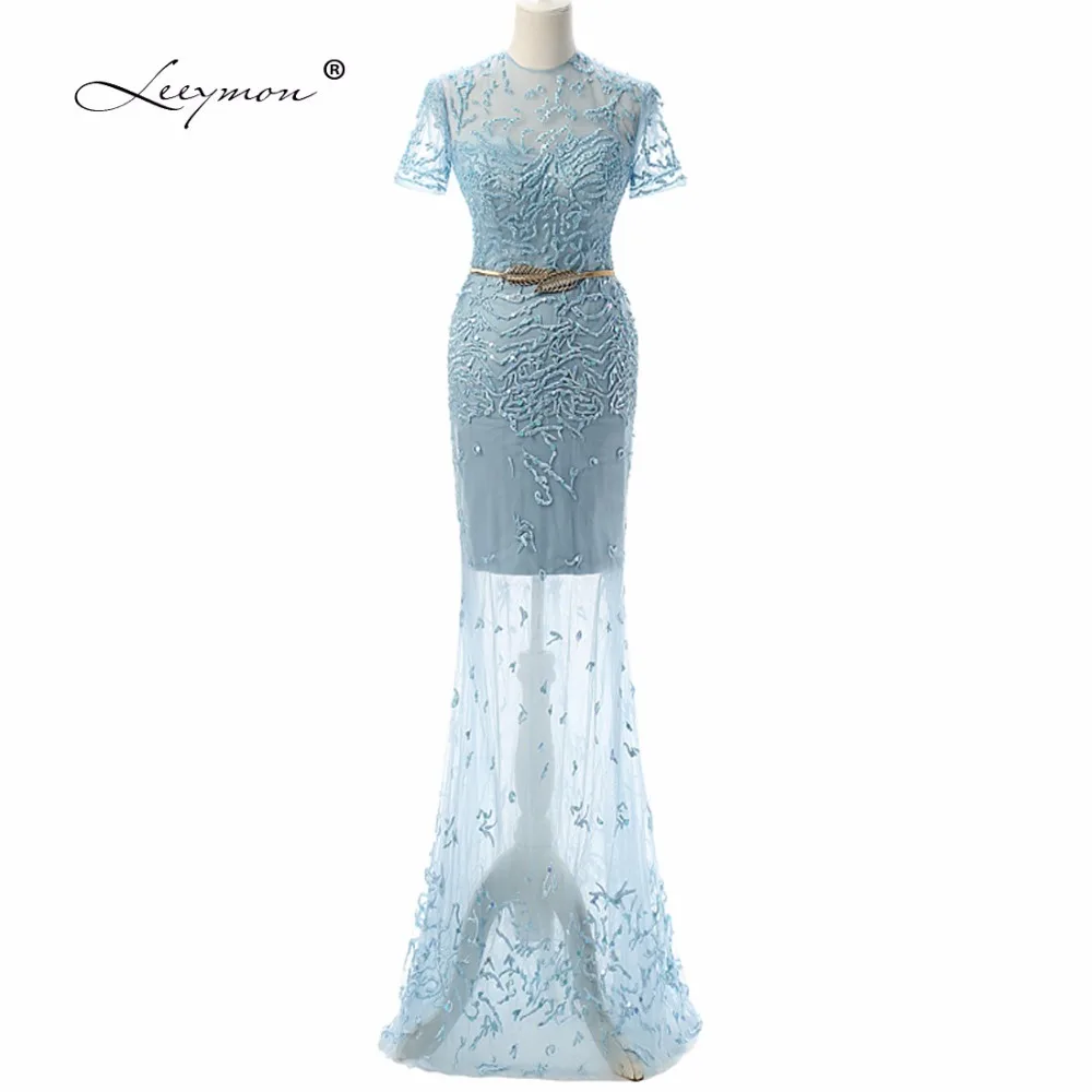 Роскошные Русалка Вышивка Вечернее Платье Длинные 2018 Реальные Короткие Рукава