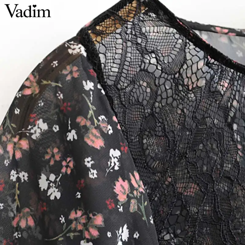 Vadim Женская милая шифоновая блуза с кружевными вставками и цветочным принтом