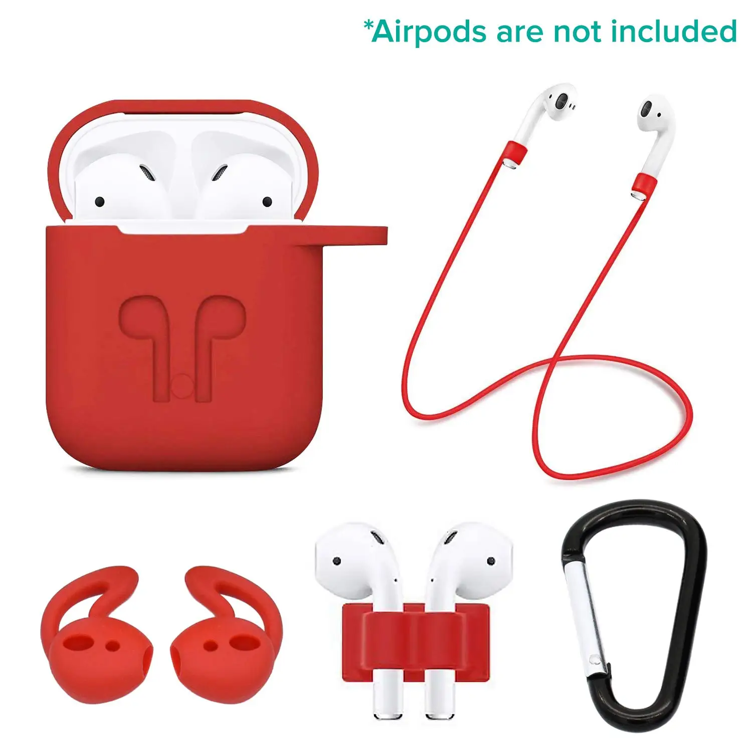 Красный Силиконовый чехол 5 в 1 для Airpods/Airpods ремешок/Airpods крючки для ушей/анти-потеря карабин/Airpods часы ремешок держатель - Цвет: Красный
