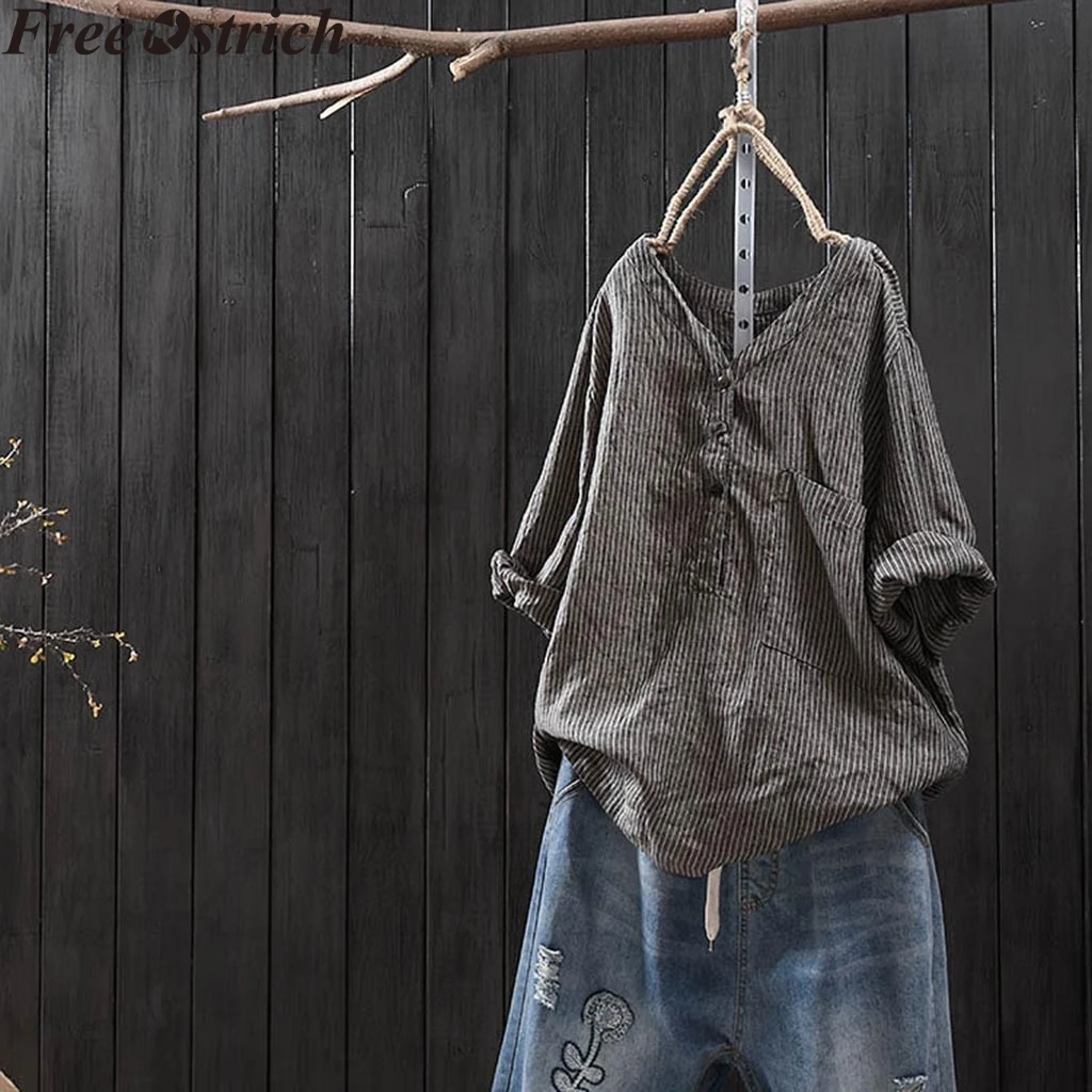 Женская хлопковая льняная рубашка с длинным рукавом Летняя Повседневная Блузка