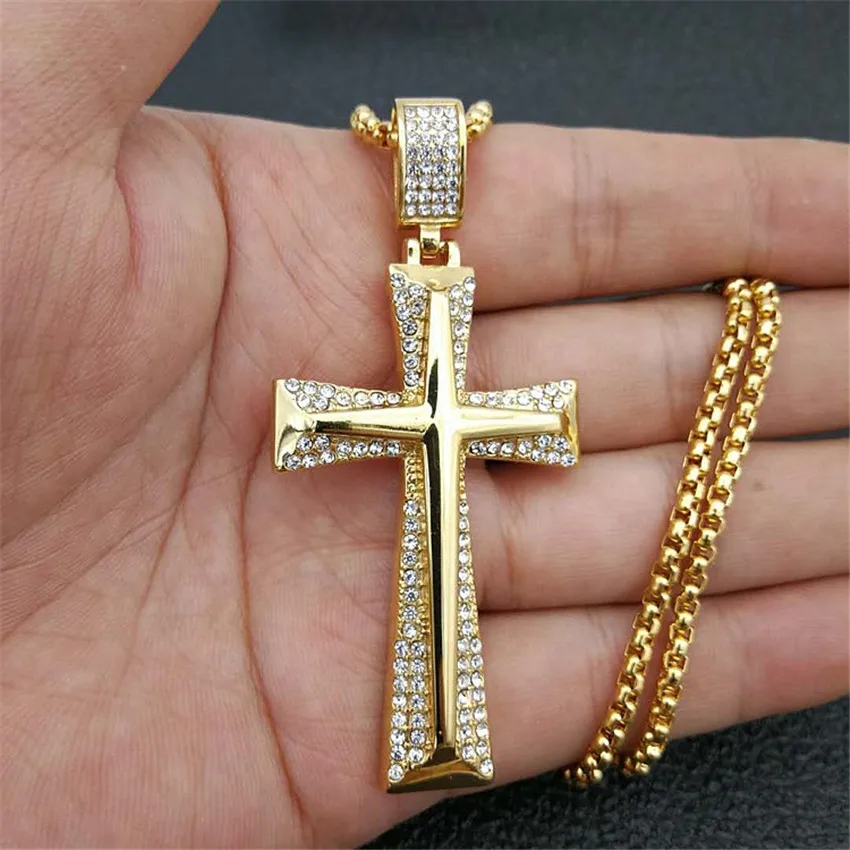 Купи Hip Hop Stainless Steel Knight Cross Pendant Necklace Mens Gold Color Box Chain Paved Rhinestones Necklace Male Jewelry Gift за 620 рублей в магазине AliExpress