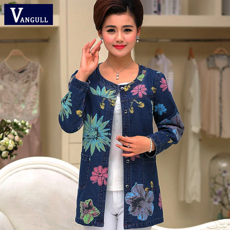 turn down collor A2 Vangull, женская джинсовая куртка размера плюс 4XL, новинка, весенне-осеннее хлопковое джинсовое пальто, женское приталенное джинсовое пальто с цветочным принтом - Цвет: turn down collor A2