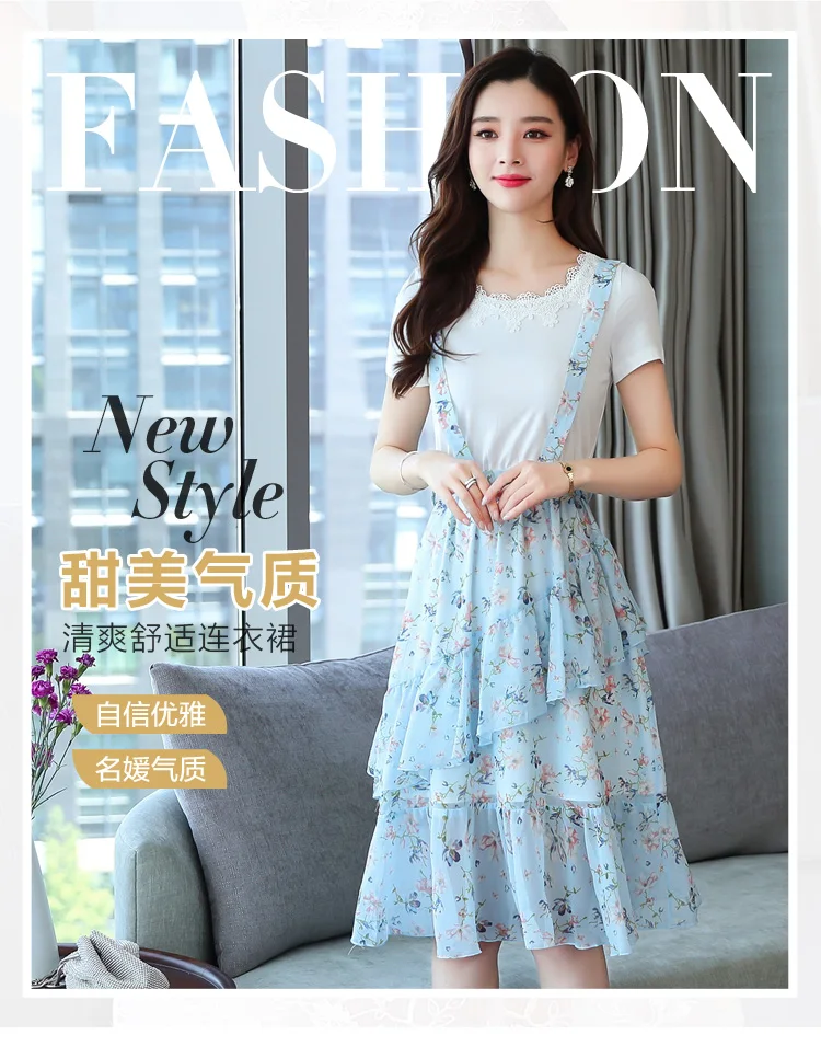Femal Vintage Elegant Blue Chiffon Boho Midi Dresses Summer Plus Size Fake Two Piece Sundress Women Bodycon Party Vestidos