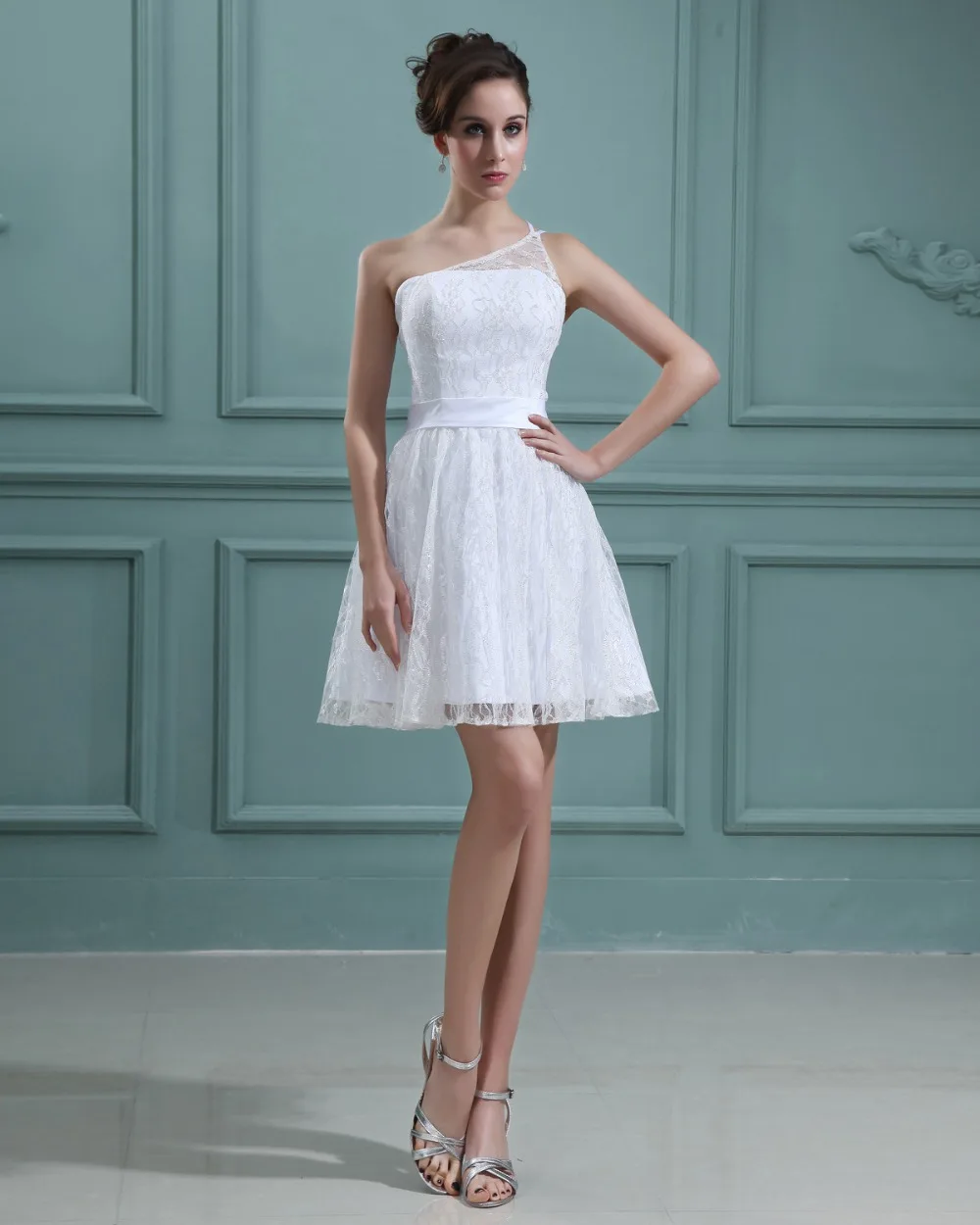 natural none A line sleeveless one shoulder mini miniskirt short white lady lace designer sexy babydoll cocktail party dress | Свадьбы и