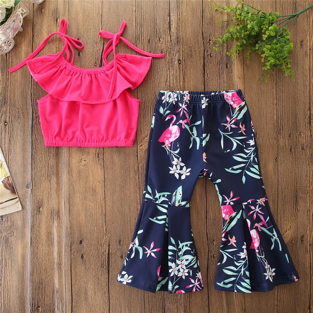 2Pcs Toddler Baby Kids Girls Solid Off Shoulder Tops + Floral Pants Set Outfits Child Summer |