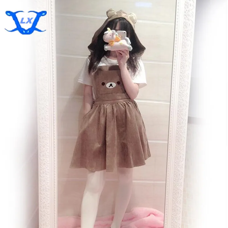 Женское платье Kawaii Rilakkuma, милое платье с вышивкой в виде медведя, платье в стиле Лолиты, Бандажное платье, летнее платье(со съемным капюшоном