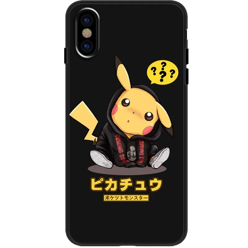 Japan anime black phone case Pokemons Pikachue kawaii cases for coque iPhone 7 8 6s 6plus silicon For iphone cover X XR Max |