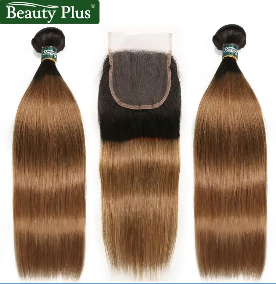 Ombre Bundles With Closure Peruvian Straight Human Hair Weave Beauty Plus Nonremy Blue Green Pink Blonde 2 Bundles With Closure - Цвет: 1B 30