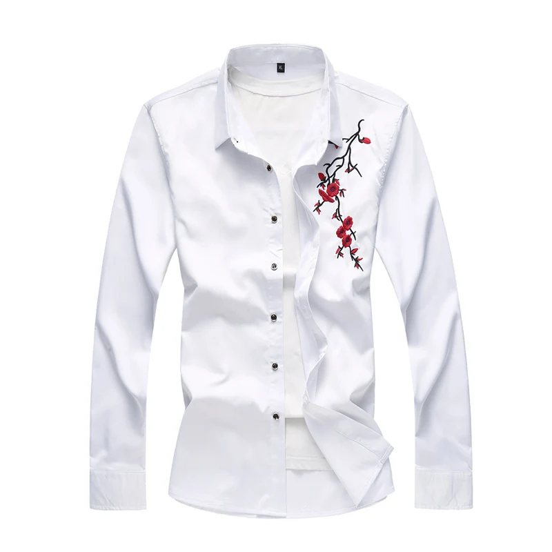

Рубашка мужская приталенная с цветочной вышивкой, Модная белая сорочка с длинным рукавом, повседневная одежда, размеры 4XL, 5XL, 6XL, 7XL, 2019