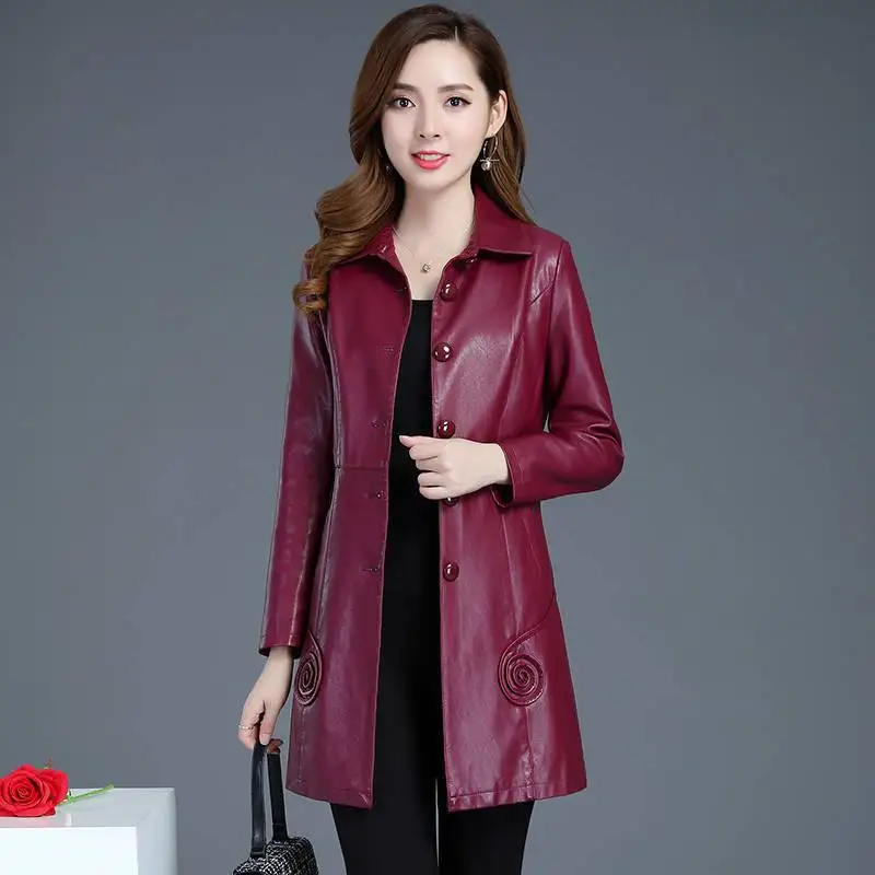 6XL красная Осенняя длинная куртка из искусственной кожи, куртка, корейская мода, однобортная весенняя куртка bomberka damsk veste femme, плюс размер