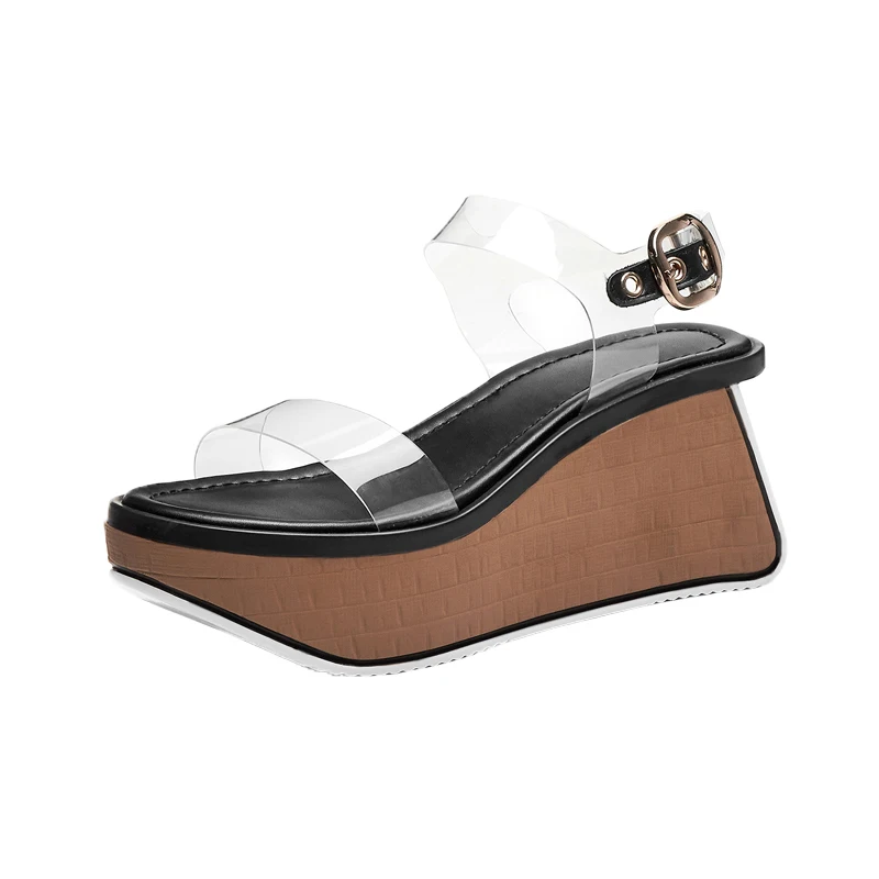 Womens Peep Toe Clear Transparent PVC Belt Ankle Buckle Sandals Platform Real Leather Wedge High Heel Shoes Slingback A1066 | Обувь