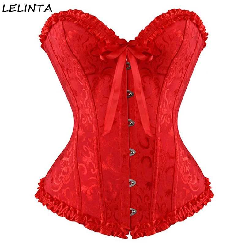 LELINTA женский атласный жаккардовый сексуальный корсет на шнуровке с косточками на талии, Бюстье размера плюс S-6XL топ в готическом стиле корсетный корсет - Цвет: Red