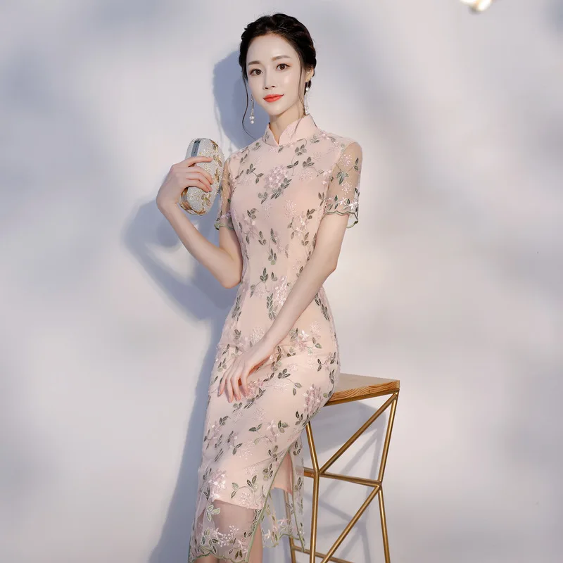 Qipao Cheongsams платье китайское женское кружевное современное элегантное тонкое платье Чонсам с коротким рукавом женское офисное женское платье для работы