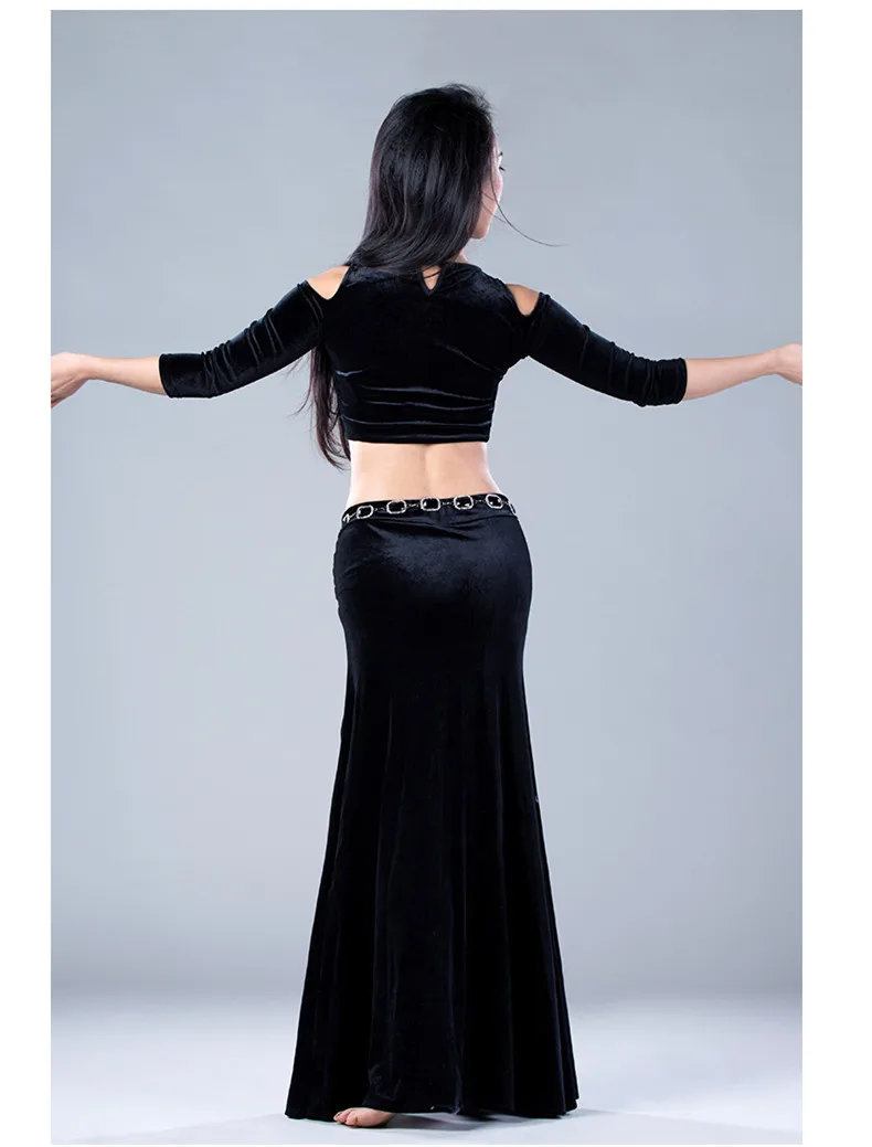 Осень-зима Для женщин комплект из 2 частей Bellydance костюм из бархата с длинными рукавами Блузка с боковыми юбка Корея Дизайн красный зеленый Black Rose