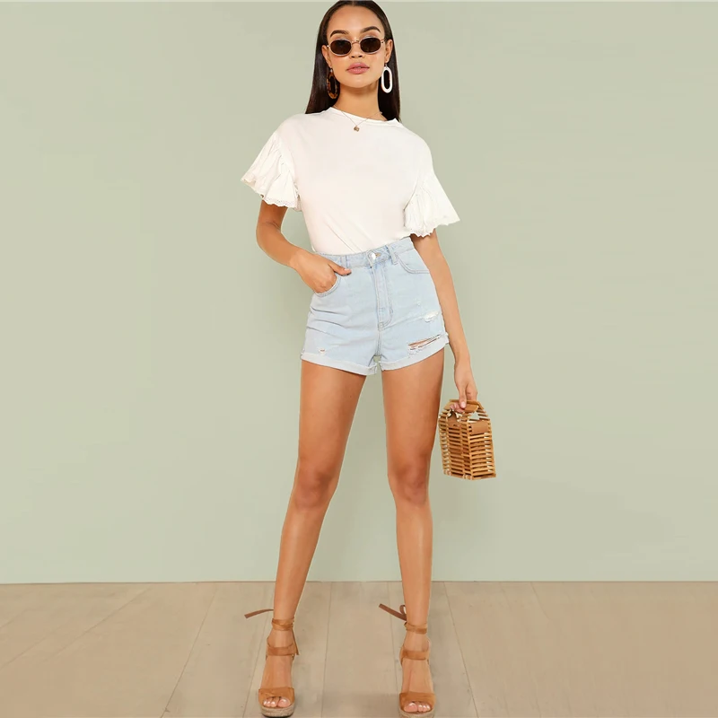 Dotfashion белая однотонная футболка с вышитыми ушками и рюшами на рукавах для женщин летняя Элегантная футболка корейская модная одежда Топы