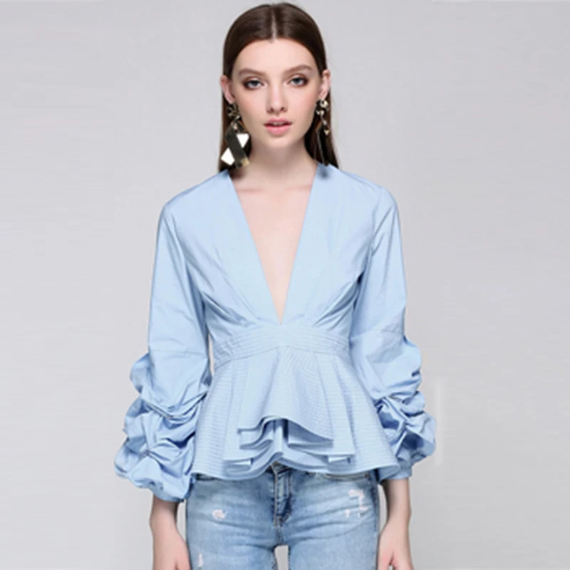 Женская блузка с глубоким v образным вырезом модельная дизайнерская рукавами