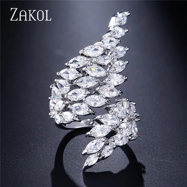 White Color ZAKOL Роскошные Крылья из циркона регулируемое кольцо Мода маркиза огранки кубического циркония Открытые Кольца для женщин Свадебные ювелирные изделия FSRP2009 - Цвет основного камня: White Color