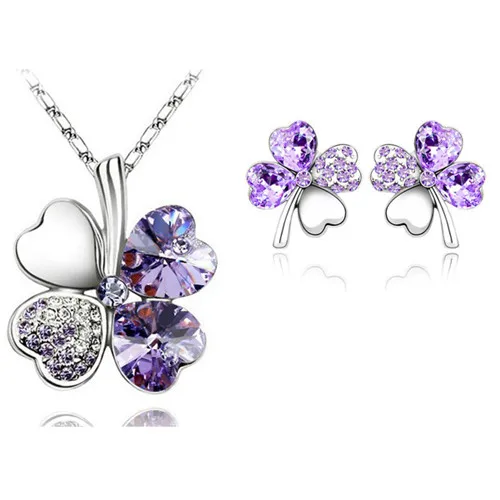 silver violet Модные свадебные ювелирные комплекты для невест Австрийские хрустальные стразы золотого цвета ожерелье "Счастливый Клевер" серьги комплект ювелирных изделий - Окраска металла: silver violet