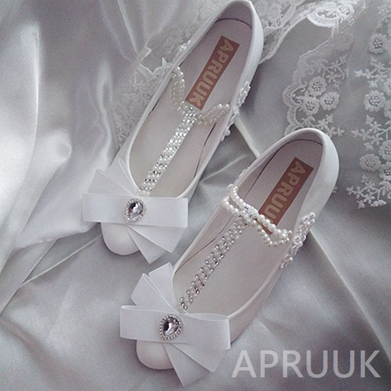 

White Bow butterfly-knot wedding shoes bride beading strap ladies party dinner proms white dress 3CM heel pumps shoes