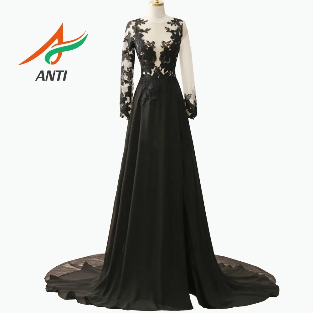 Женское вечернее платье с длинным рукавом Черное круглым вырезом и аппликацией