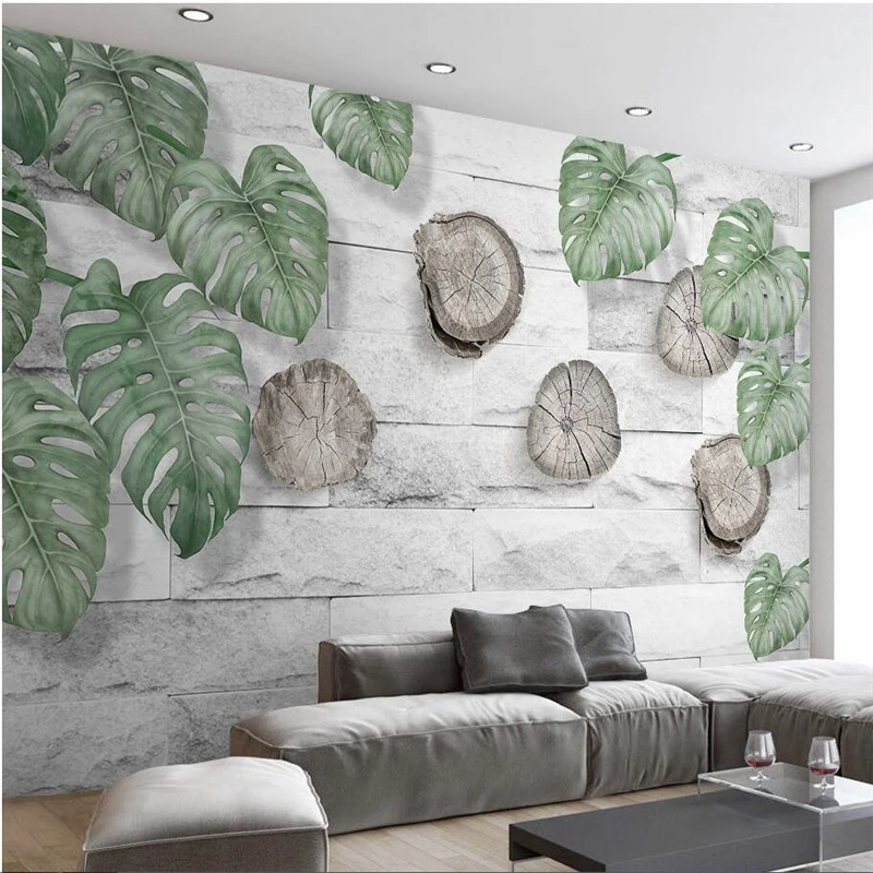 

3d обои на заказ, Beibehang, простые, с натуральными зелеными листьями, колесиками, кирпичной стеной, ТВ-фоном