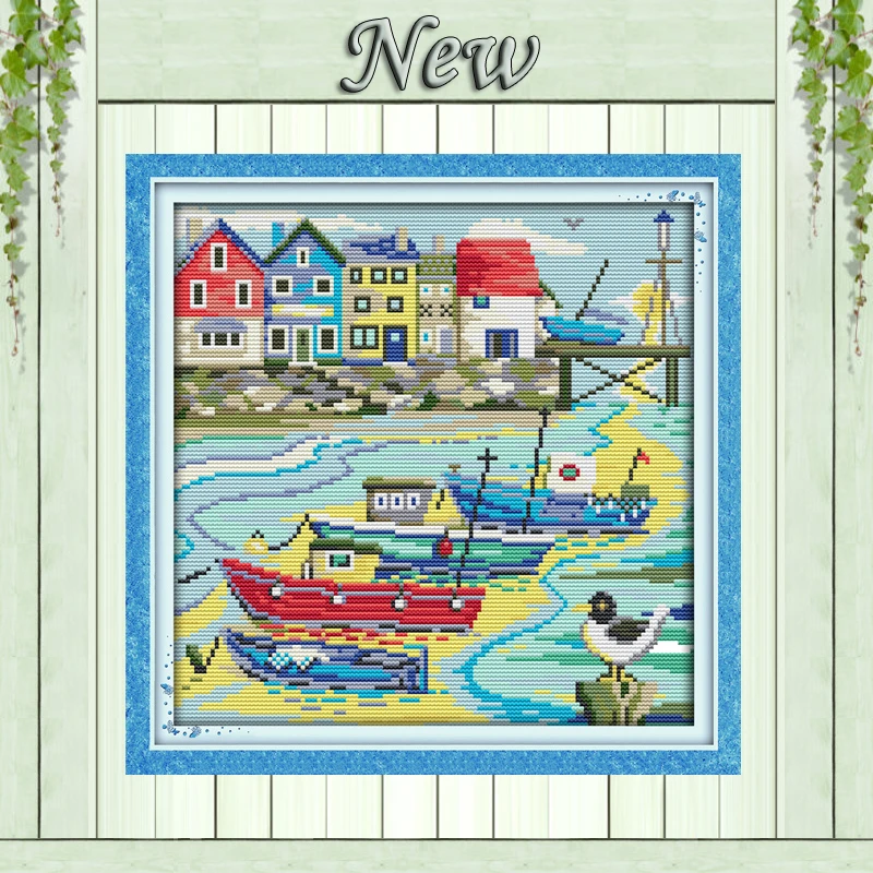 Побережье город любовь гавань Пляжная живопись отпечатанная на ткани DMC 14CT 11CT