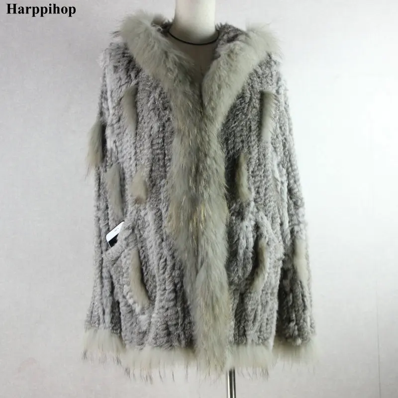 HARPPIHOP мех женское вязаное пальто из натурального кроличьего меха/куртка/верхняя одежда с капюшоном женский длинный пояс с кисточками