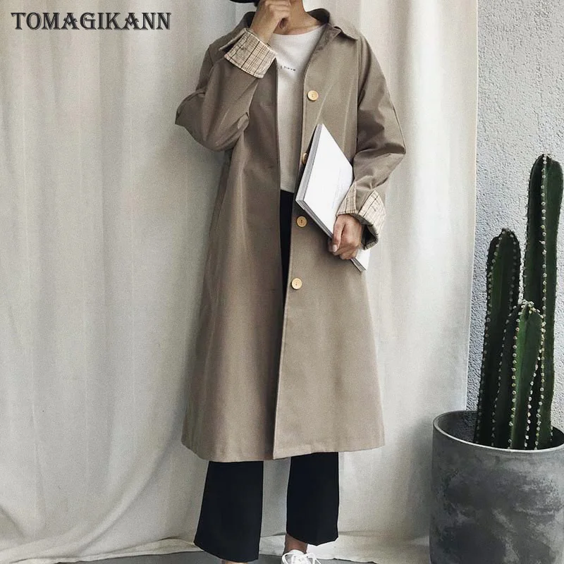 2018 Винтаж лоскутное манжеты длинные Для женщин Тренч Повседневное Твердые