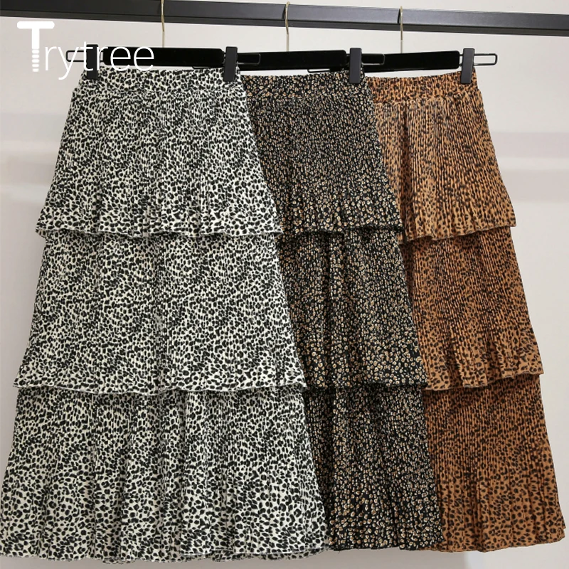 Trytree весна лето полиэстер плиссированная Женская юбка А-силуэт леопардовые