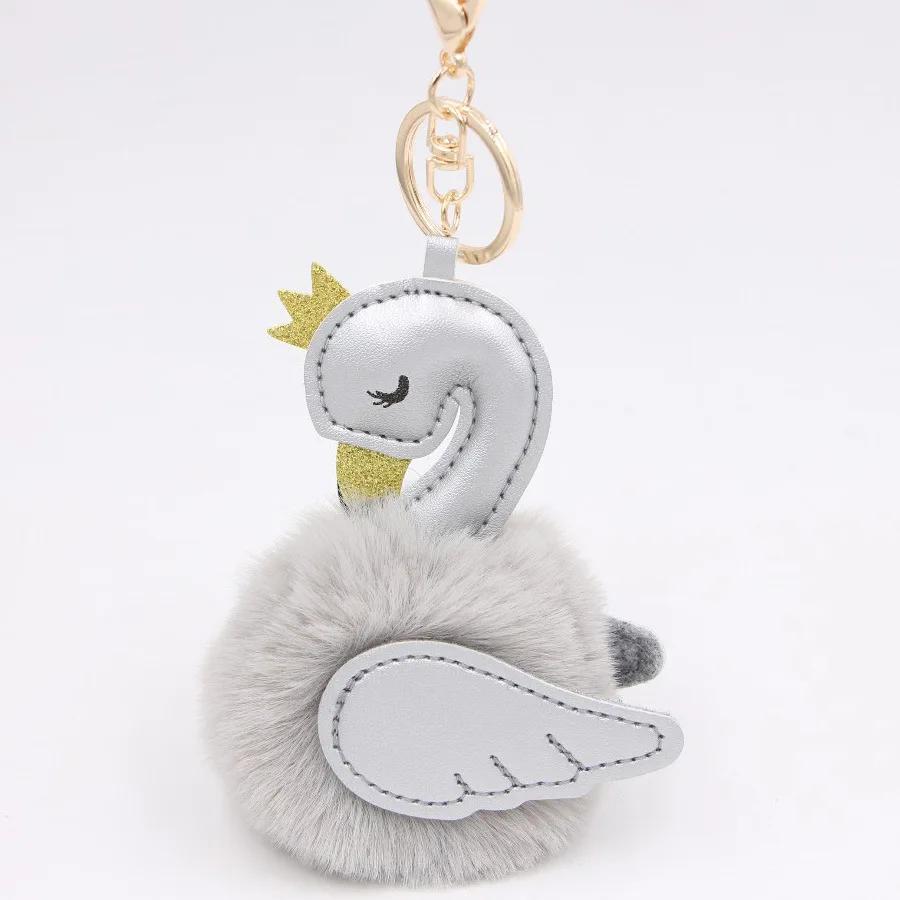 Lt Grey Silver Милые помпоны, брелоки в виде лебедя для женщин, автомобильная сумка, брелок, пушистый мех кролика, шар, фламинго, брелок, брелоки, подвеска, ювелирное изделие, подарок - Цвет: Lt Grey Silver