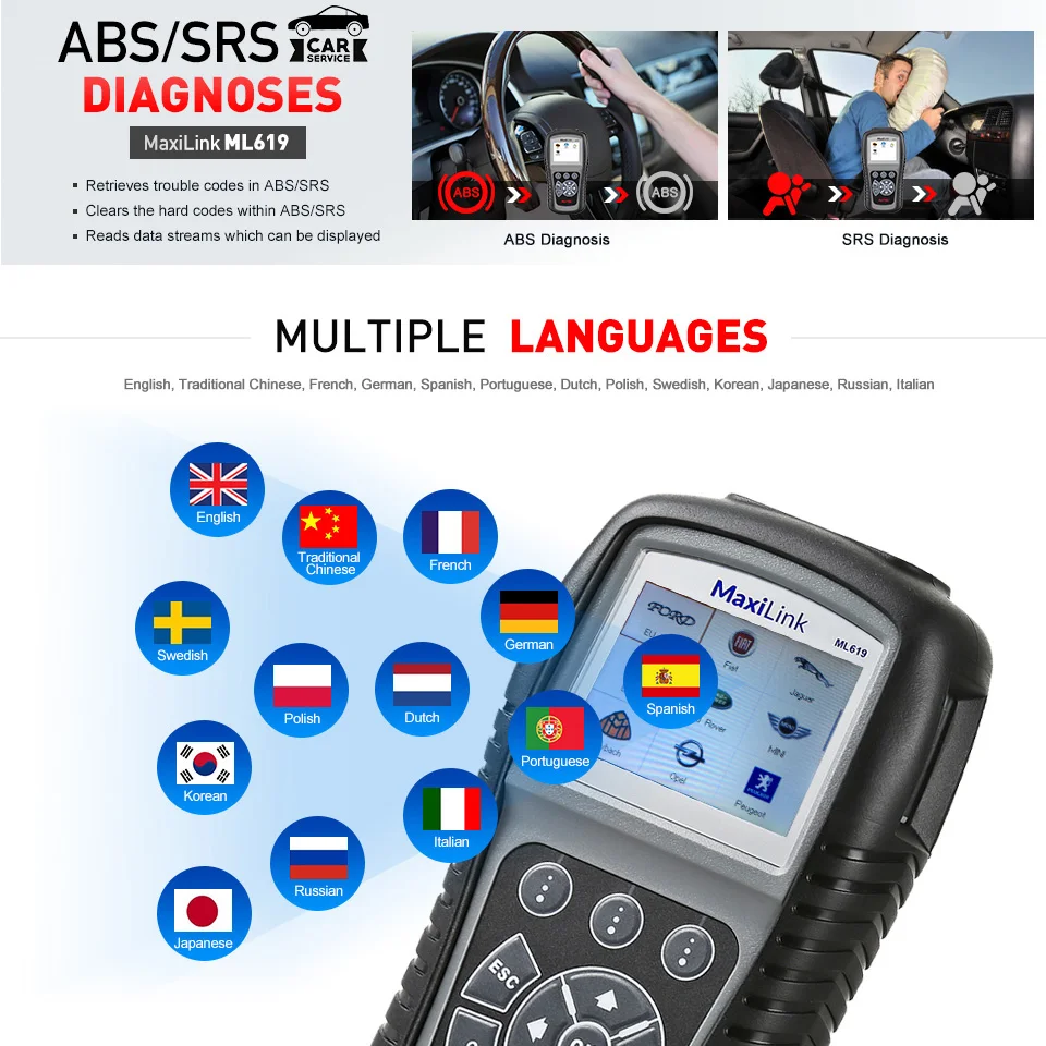 AUTEL Autolink ML619 OBD2 сканер CAN SRS ABS подушка безопасности Автомобильный диагностический