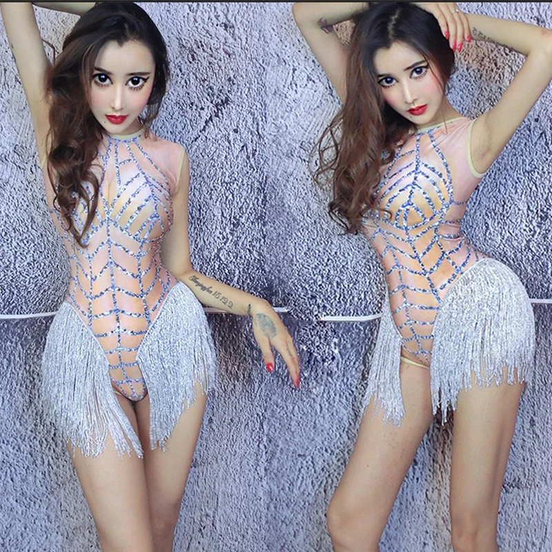 

Stretch Tassel Leotard Female Singer Dancer Sexy Fringes Bodysuit Costume Women Nude Nightclub Dj Ds Outfit Party Wear DNV10687