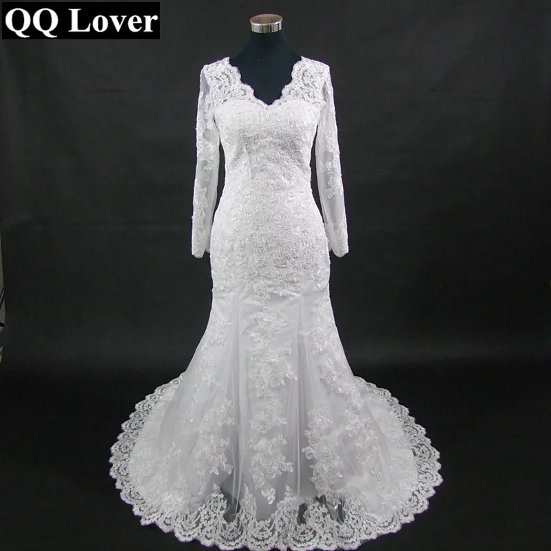 Платье свадебное кружевное с длинным рукавом и V образным вырезом|vestido de noiva|de