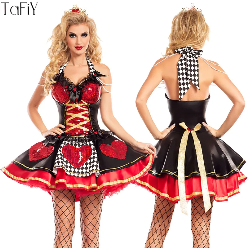 

TaFiY 2017 Sexy Women Halloween Costumes Poker Red Queen of Hearts Costume Carnival Party Queen Cosplay Dress For Adult