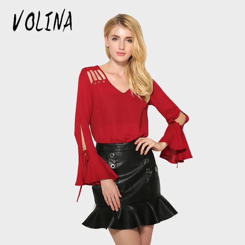 VOLINA chiffon shirt women tops long sleeve Flare red black ladies shirts summer hollow out plus size female fashion | Женская одежда