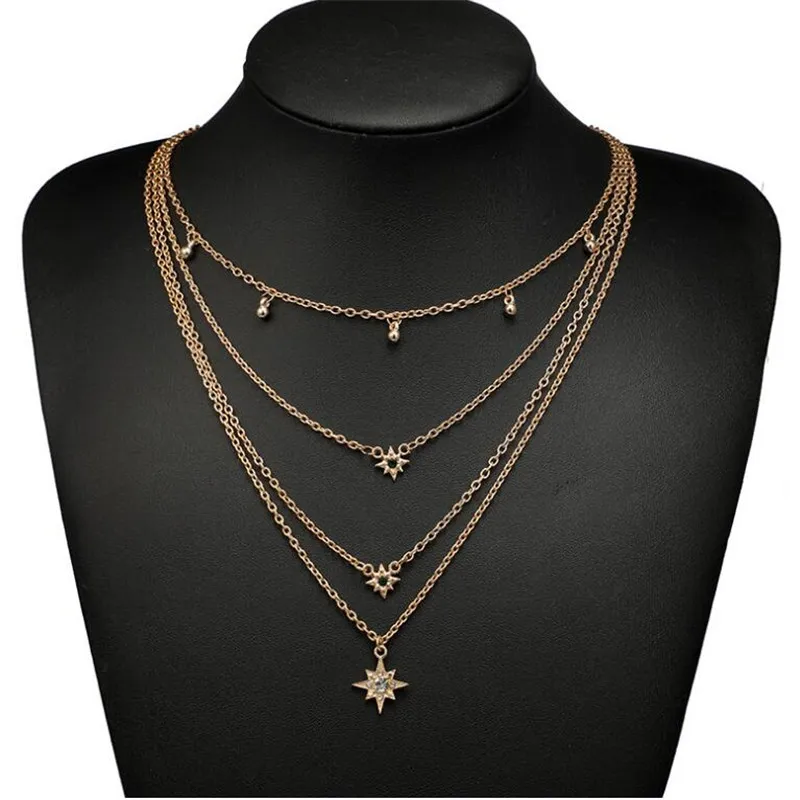 

2020 Fashion simple geometric water drop round ball six-pointed star stone multi-layer necklace clavicle female chain