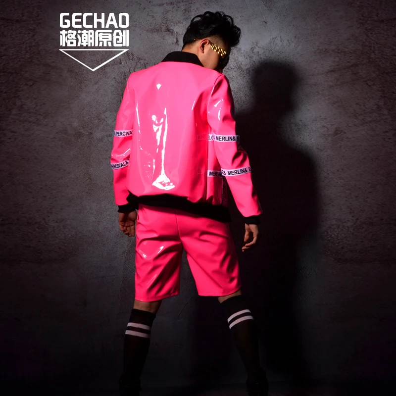 

Custom Made Stage Wear Costumes Men Hip Hop Pink PU Leather Jacket Male Fashion Casual Coat Nightclub Singer Dancer DJ Clothing