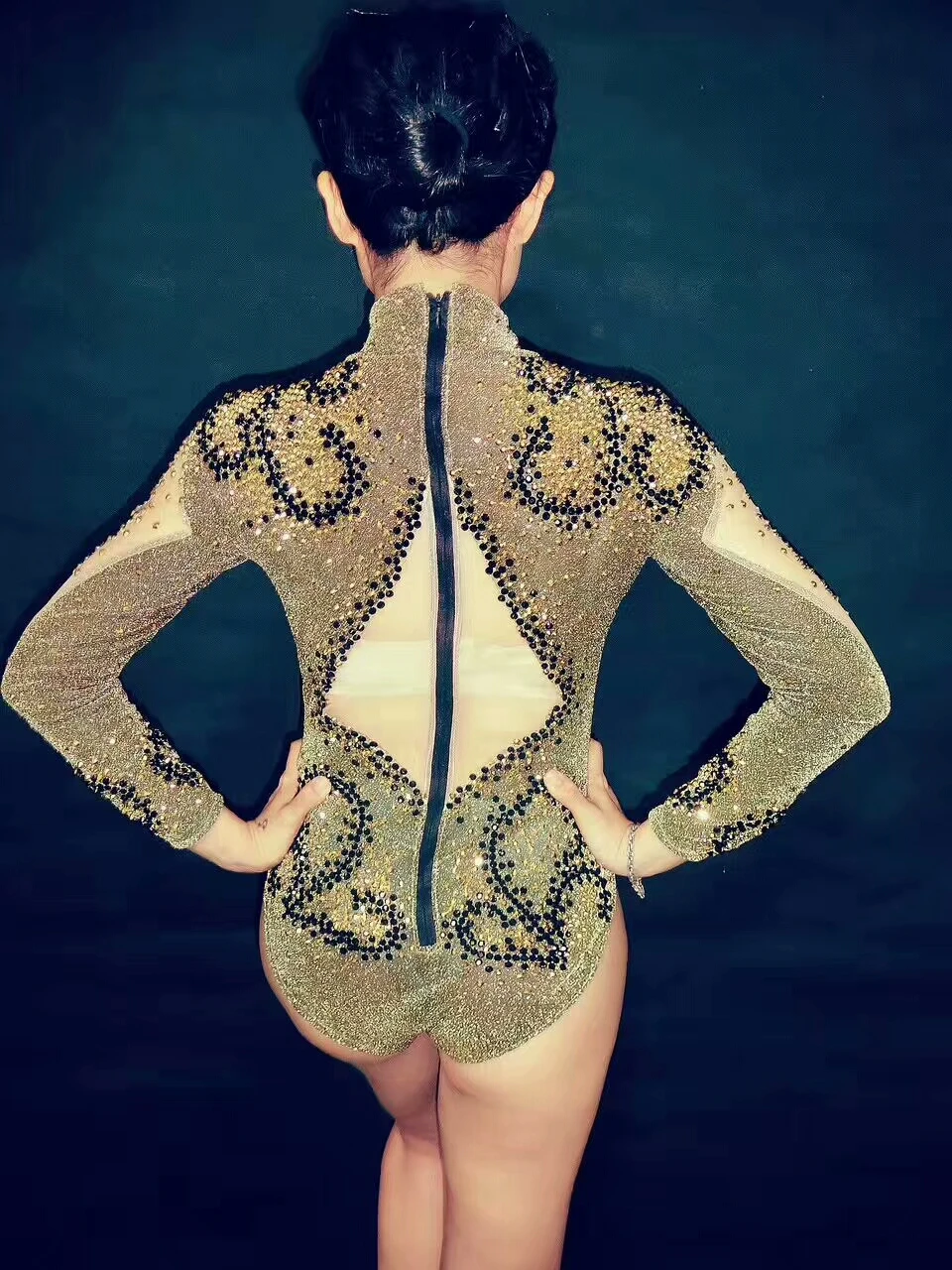 Women Gold Rhinestones Stretch Bodysuit Evening Party Wear Black Stones Bodysuit Costume Prom Birthday Celebrate Dance Outfit